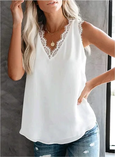 Vista 2 de BLENCOT - Blusa sin mangas con ribete de encaje para mujer, cuello en V, estilo casual, sin mangas