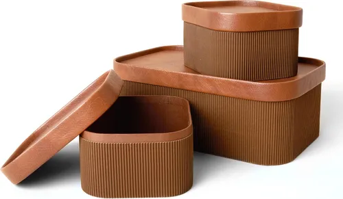 Vista 7 de Cajas de almacenamiento decorativas beige con tapas, cestas de almacenamiento con tapas similares al cuero, cajas de papel apilables resistentes
