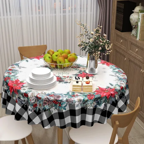 Vista 7 de Mantel de Navidad de Pascua redondo de 60 pulgadas, diseño de copos de nieve de búfalo negro, lavable, resistente a las arrugas, resistente a