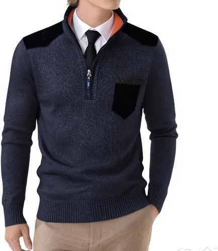 Vista 2 de Suéter de Cuello Alto con cremallera de un cuarto para Hombre, Sudadera clásica canalé, suéter informal Punto