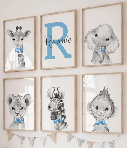 Vista 15 de Juego de 3 carteles personalizados de animales de safari para habitación de niños y niñas, sin marco, nombre personalizado, azul, verde, amarillo