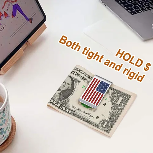 Vista 4 de ChainsProMax Puede grabar clip de dinero para hombre, patrón de bandera de Estados Unidosbéisbol, patrón de caja, acero inoxidablechapado en oro