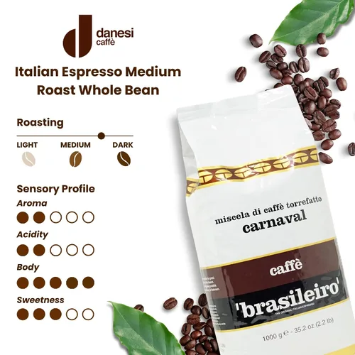 Vista 5 de Danesi Caffe - Granos de café enteros italianos, granos de café expreso y grano entero de tostado medio, perfectos para máquinas de espresso, prensa