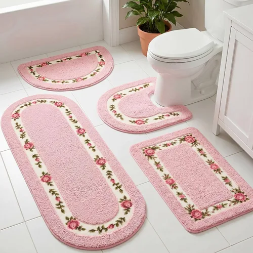 Vista 8 de Timgle Juego de 4 alfombras de baño con diseño de coqueta de rosas y flores, antideslizantes, absorbentes, lavables, tapete de baño floral