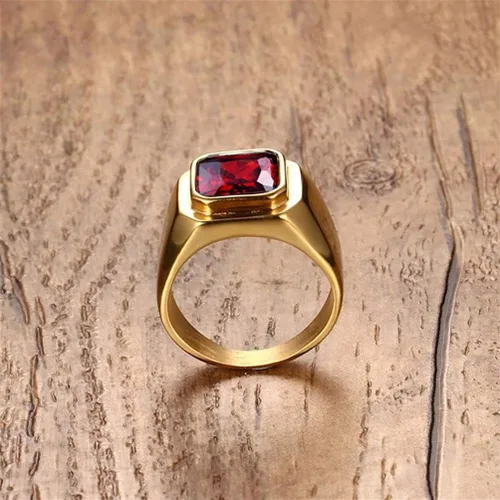 Vista 5 de PMTIER - Anillo de acero inoxidable chapado en oro con piedra cuadrada disponible en varios