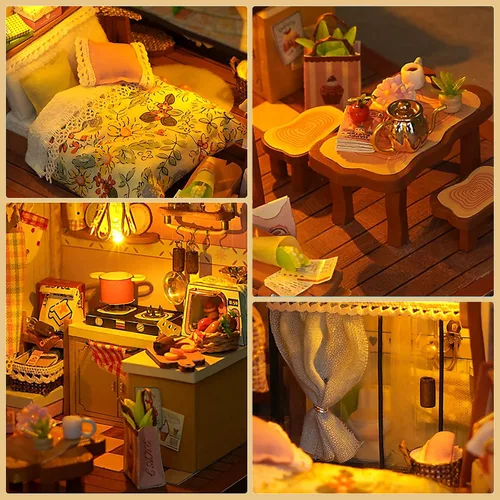 Vista 3 de Kit de casa en miniatura, kits de casa de muñecas con luces y cubierta antipolvo, kit de manualidades creativo con panadería de dos pisos y sótano
