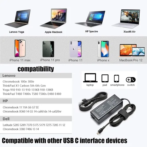 Vista 6 de Cargador USB C de 45 W para HP Chromebook cargador apto para Dell /Lenovo/Acer Chromebook cargador de yoga, cargador Elitebook, cargador Thinkpad