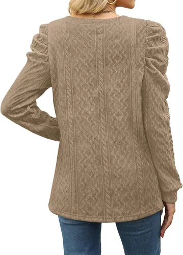 Vista 4 de XIEERDUO Sudaderas para mujer, cuello redondo, manga abombada, suéteres sueltos, ropa moderna y fluida