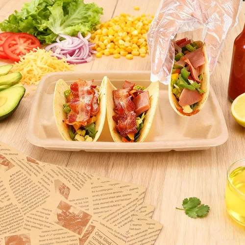 Vista 7 de 24 soportes desechables para tacos con 100 forros y 100 guantes, platos de tacos de fibra natural resistentes, bandejas de tacos de 3 compartimentos