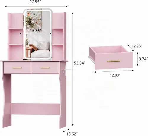 Vista 2 de HUANLEGO Pequeño escritorio rosa con espejo y luces para mujeres y niñas