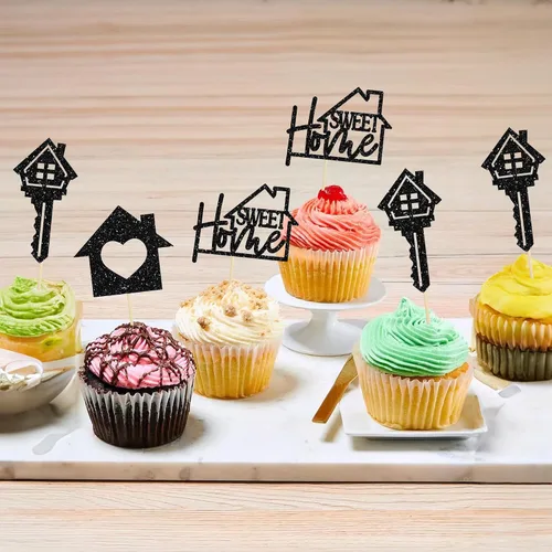 Vista 4 de Gyufise Paquete de 24 adornos para cupcakes Sweet Home con purpurina para inauguración de la casa, para bienvenida, nuevo hogar, fiesta temática