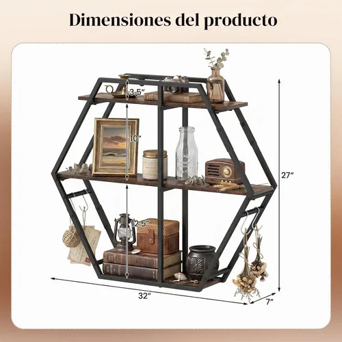 Vista 3 de Tangkula Estante hexagonal de pared, estantería geométrica de 3 niveles con 4 ganchos en forma de S y marco de metal resistente, estante