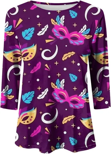 Vista 3 de Mensch 2024 Women Carnival Print Pullover, Carnival Mask Graphic Tees, 34 Sleeve Parade Tshirt Carnival Themed Outfit