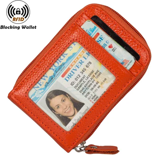 Vista 2 de Billetera con cierre de cuero genuino con tarjetero con bloqueador de señal RFID, S, Anaranjado