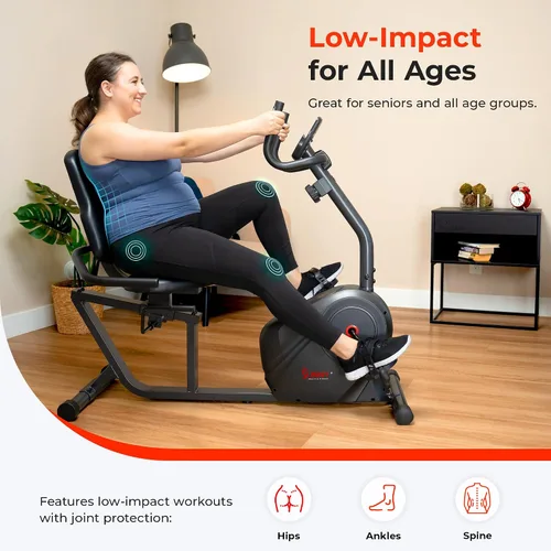 Vista 5 de Sunny Health & Fitness Smart Recumbent Bike, Wide Cushioned Seat & Back, Indoor Cycling Machine for Adult/Seniors Home Exercise, Free SunnyFit App