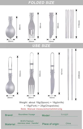 Vista 3 de iBasingo Cuchillo de tenedor de titanio con mango plegable, utensilios de vajilla ultraligeros para camping, picnic al aire libre, senderismo