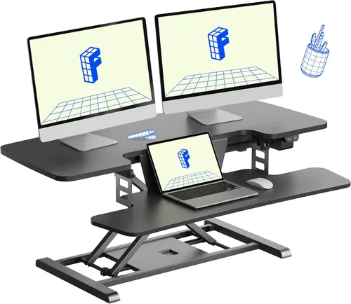 Vista 8 de FLEXISPOT Convertidor de escritorio de pie motorizado de 32 pulgadas, elevador de escritorio eléctrico para estar de pie, soporte de escritorio