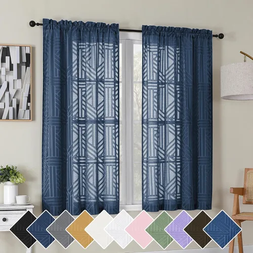 Vista 66 de Simplebrand Cortinas traslúcidas negras de cocina de 24 pulgadas de largo, 2 paneles, filtrado de luz, geométrico jacquard con textura, cortinas