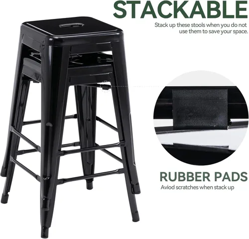 Vista 6 de Vogue Furniture Direct 24" Taburetes de bar de metal sin respaldo negros para interiores/exteriores, altura para encimera con asiento cuadrado