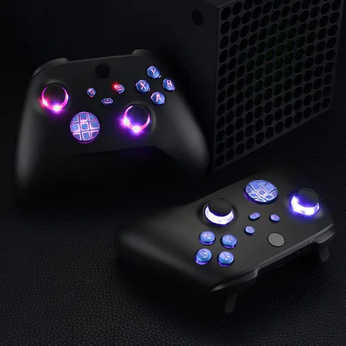 Vista 5 de eXtremeRate Palancas de pulgar Dpad luminadas multicolor Start Back Sync ABXY Botones para Xbox Series XS, Chameleon Purple Blue Classical Symbols