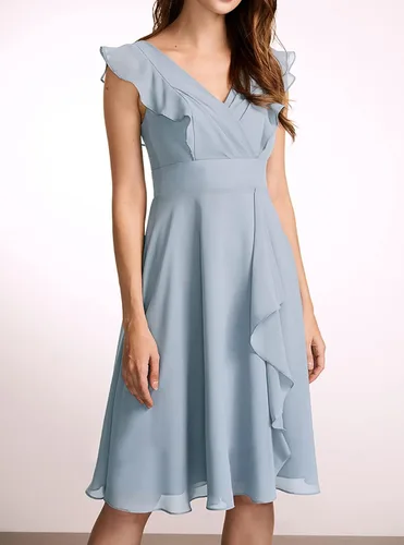 Vista 4 de DFDG Vestido de dama de honor de gasa con cuello en V doble para mujer vestido formal para fiesta de regreso a casa CM076