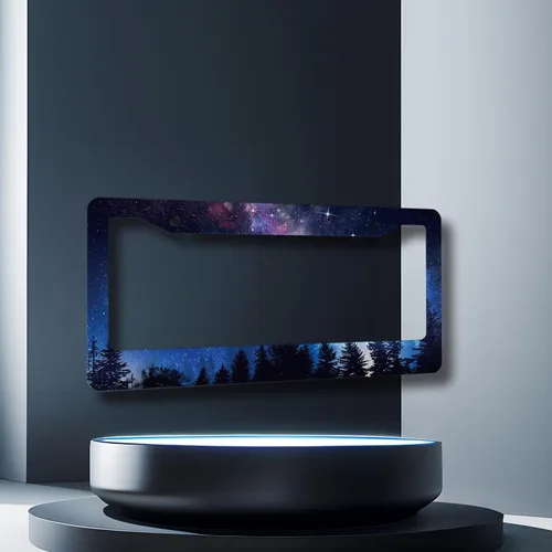 Vista 7 de Marco de matrícula de Galaxy Forest, diseño de estrellas espaciales, color azul, morado, personalizable, colorido, acero inoxidable, divertida placa