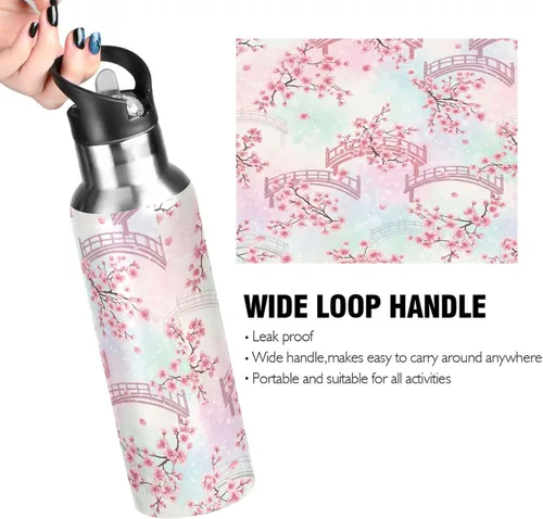 Vista 4 de BPA-Free Sports Water Bottle with Straw 32 Oz, Insulated Stainless Steel Water Bottle with Straw for Gym Outdoor Travel School, Cherry Blossom