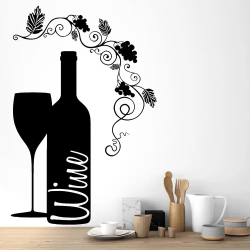 Vista 2 de Vinilo adhesivo de pared botella de vino vidrio uva alcohol bar pegatinas (ig4232) marrón