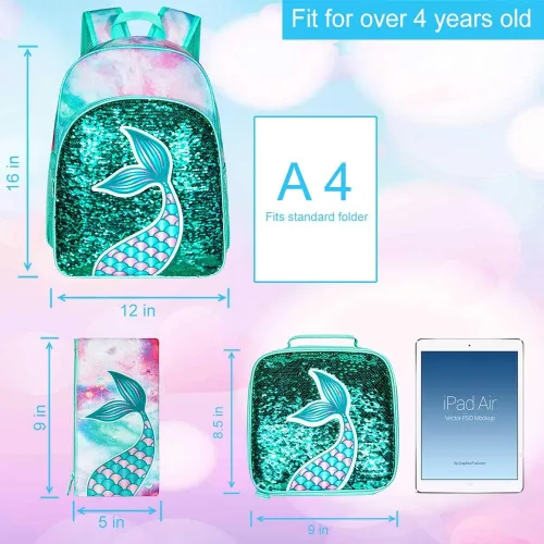 Vista 8 de 3 mochilas para niñas, 16 pulgadas con lentejuelas para preescolar y lonchera