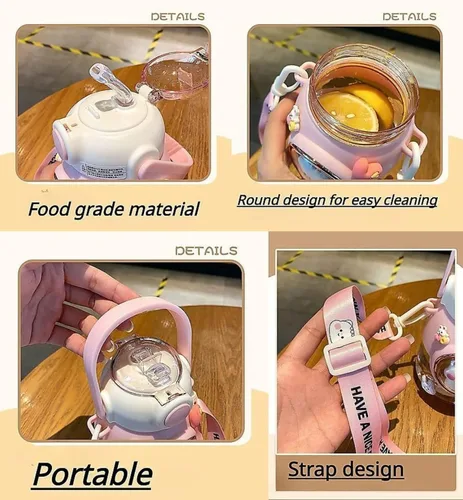 Vista 3 de LEJN - Botella de agua de 28 oz Kawaii con correa de hombro ajustable para verano, agua fría portátil, a prueba de fugas, sin BPA, taza de dibujos