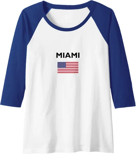 Vista 5 de Miami Florida USA American Flag Light-Color Raglan Baseball Tee