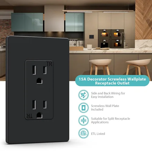 Vista 6 de Salida de receptáculo decorador, placa de pared sin tornillos incluida, salida de pared resistente a manipulaciones de 15 amperios y 125 V, 2 polos