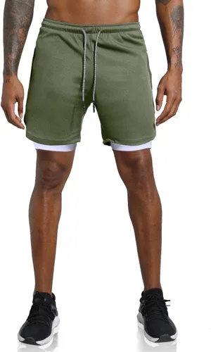 Vista 2 de Leidowei - Pantalones cortos 2en1, ligeros, de 7pulgadas y con bolsillos con cremallera para hombre, para entrenamiento, correr, hacer yoga