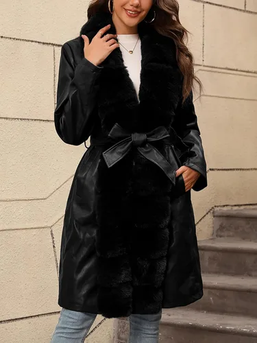 Vista 7 de Bellivera Women's Faux Leather Jacket Furry Trim Parka Coat Negro