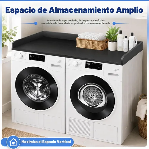 Vista 2 de Royxen Encimera de lavandería de madera maciza, encimera para todas las lavadora y secadora de carga frontal, espacio adicional para lavandería Negro