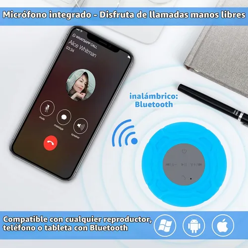 Vista 3 de Parlante Bluetooth Impermeable para Ducha Portátil, Inalámbrico, Resistente al Agua, Manos Libres con Micrófono Integrado, Ventosa para Baño