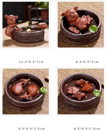 Vista 4 de Purple Clay Boutique - Juego de té para mascotas, ceremonia de té de pescado, cerámica que atrae dinero, lindo bonsái de carne, plantas en maceta