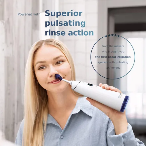 Vista 3 de SinuPulse Traveler con 30 paquetes Sinuair – Sistema de enjuague nasal pulsante inalámbrico de riego nasal, limpiador de ahorro de espacio y máquina