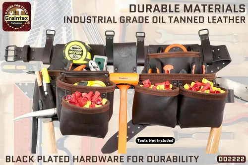 Vista 3 de Graintex Cinturón de herramientas de carpinteros de 13 bolsillos, combo de 4 piezas de bolsa de herramientas de cuero de grado industrial, cinturón