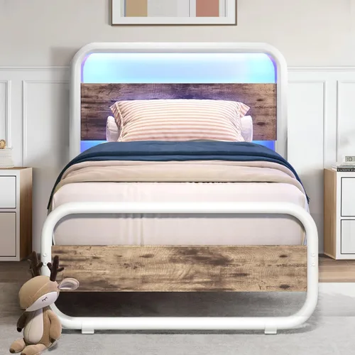 Vista 21 de Catrimown - Marco para cama individual con luces LED, marco de cama plataforma individual resistente de metal rústico con cabecera de madera