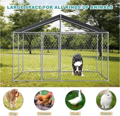 Vista 7 de Perrera grande para perros al aire libre de 10'x10', perrera para perros de acero galvanizado resistente afuera con cubierta impermeable resistente
