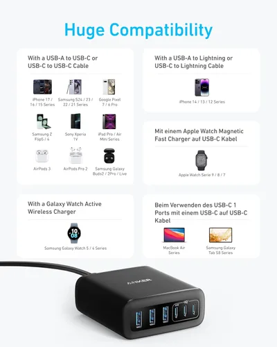 Vista 6 de Cargador de escritorio Anker, cargador USB C de carga rápida, estación de carga de 6 puertos con 112W máx, para iPhone 17, iPad, MacBook, Samsung