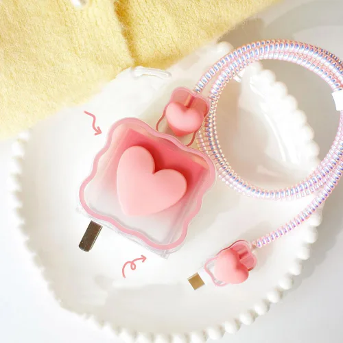 Vista 4 de Waves - Cable de datos con forma de corazón rosa de 18 W, 20 W, protector de cargador USB, protector de cable para auriculares, compatible