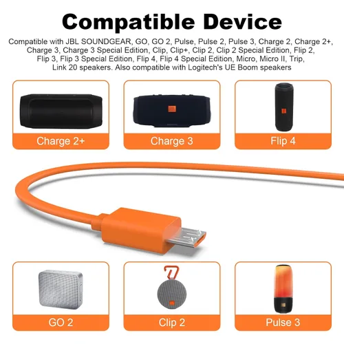 Vista 2 de Cable micro USB para altavoz JBL compatible con JBL Charge 3, Charge 2, Charge 2+, Flip 4, Flip 3, Flip 2, Pulse 3, Pulse 2, Go 2, Clip 2, Clip 2