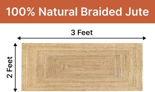 Vista 2 de MDS® 1 alfombra de área trenzada de yute tejida a mano de 2 x 3 pies, rectangular, alfombra decorativa reversible de arpillera 100% natural