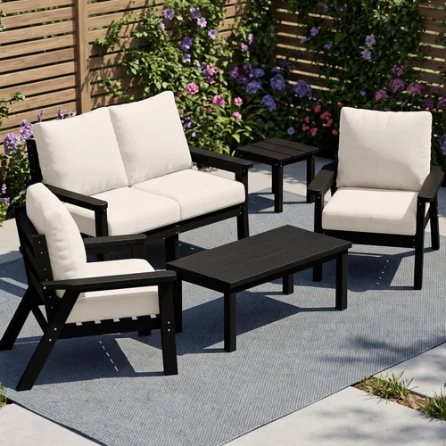 Vista 28 de PLUUV Juego de muebles de patio al aire libre HDPE, 7 piezas, marco negro Marco negro/cojín gris