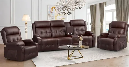 Vista 22 de Sofá reclinable, sofá reclinable con masaje de 3 plazas con gran capacidad de peso, sofá de dos plazas para RV con espacio libre con consola, USB