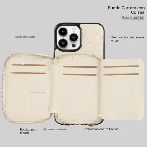 Vista 7 de Bocasal Funda tipo cartera cruzada para iPhone 13 Pro Max, bloqueo RFID de cuero PU con cremallera, bolso cartera con tapa plegable, funda tipo Beige