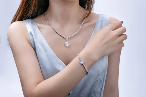 Vista 6 de Hadskiss - Juego de joyas, collar y aretes colgantes, chapado en oro blanco con circonia cúbica blanca AAA, joyería para bodas y fiestas