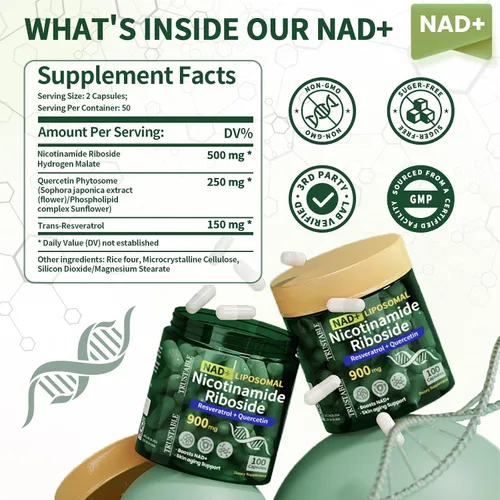 Vista 2 de Suplementos NAD para mujeres y hombres, ribósido liposomal de nicotinamida 900 mg, suplemento de resveratrol NAD, quercetina, suplemento NAD+